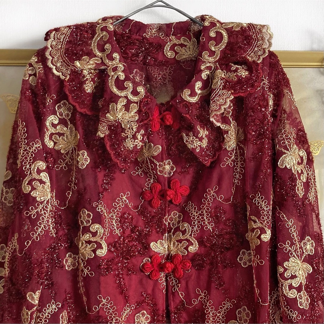 GUNNE SAX(ガニーサックス)の美品 ヴィンテージ ロングジャケット 花柄 刺繍 レース ジャガード レッド 赤 レディースのジャケット/アウター(ロングコート)の商品写真