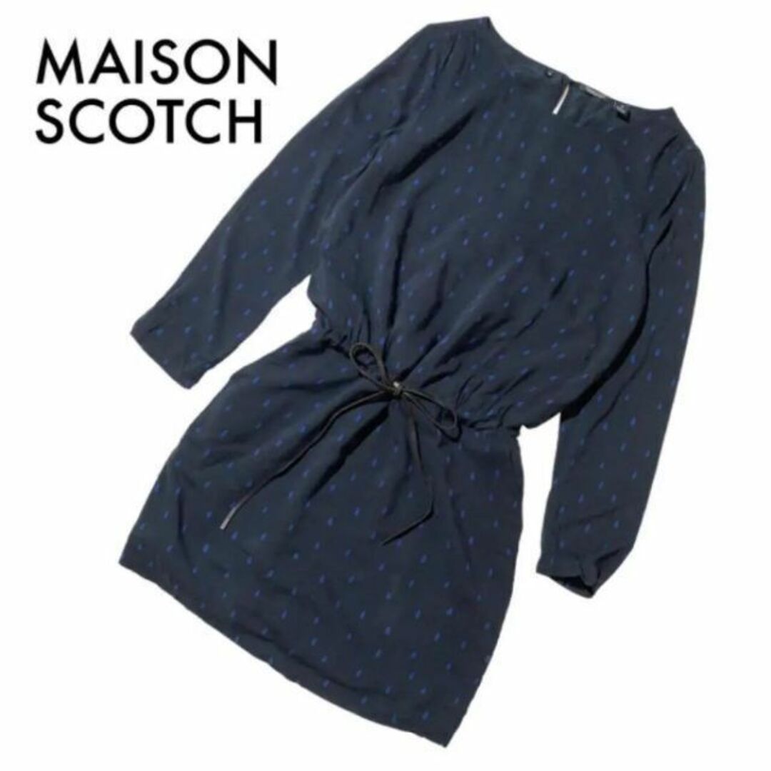 MAISON SCOTCH(メゾンスコッチ)のメゾンスコッチ 長袖シャツワンピース 1 S〜M ドット柄 レザーリボン 古着 レディースのワンピース(ひざ丈ワンピース)の商品写真