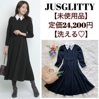 ジャスグリッティー(JUSGLITTY)の【未使用品♡洗える】JUSGLITTY 刺繍衿付きレディワンピース ブラック 0(ロングワンピース/マキシワンピース)