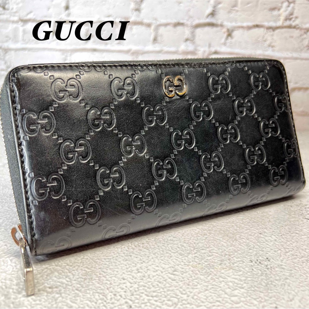 GUCCI グッチ 長財布 シマ インターロッキング GG ラウンドジップ 黒