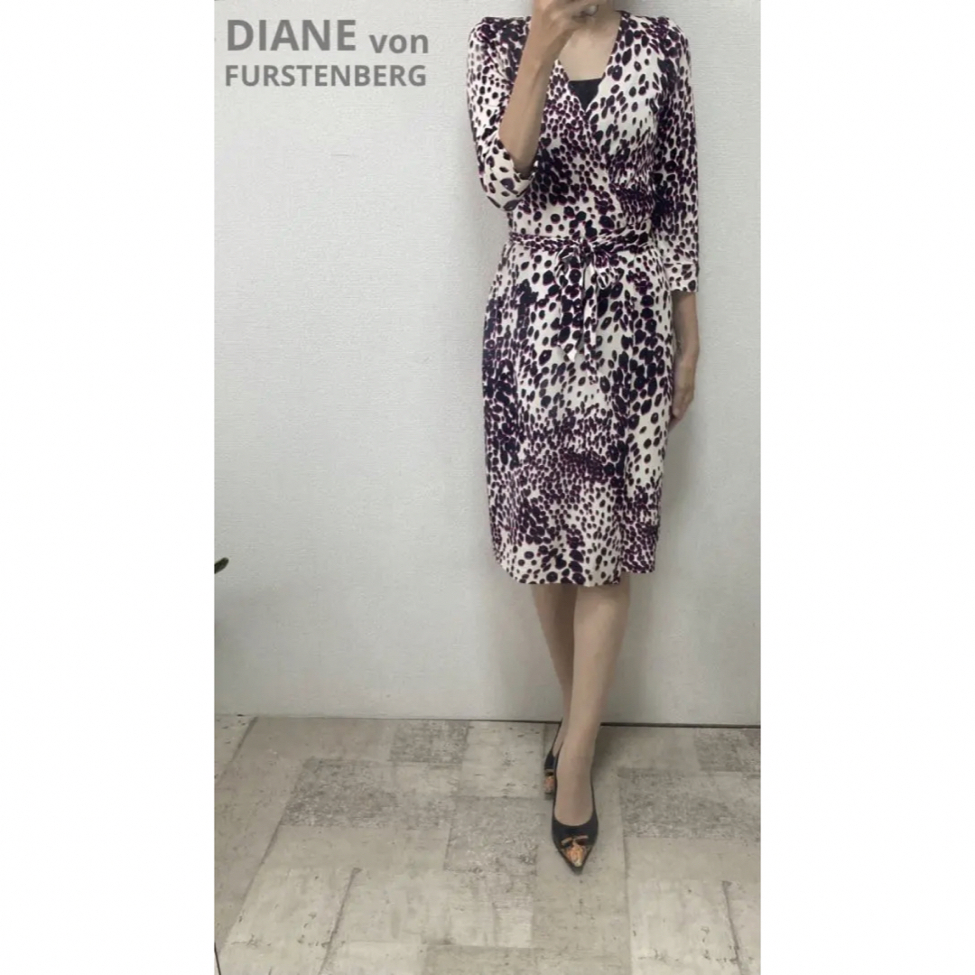 ダイアンフォンファステンバーグ シルク 7分袖 総柄 ワンピース 2 ピンク×白 DIANE VON FURSTENBERG レディース   【230725】