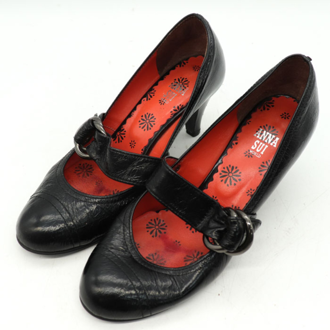 アナスイ パンプス ラウンドトゥ レザー ミドルヒール フォーマル ブランド シューズ 靴 レディース 23.5サイズ ブラック ANNA SUI |  フリマアプリ ラクマ