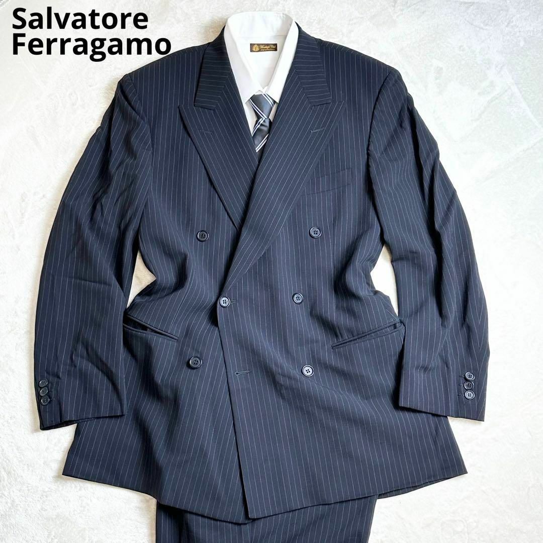 Salvatore Ferragamo ダブル スーツ ネイビー ストライプ 1