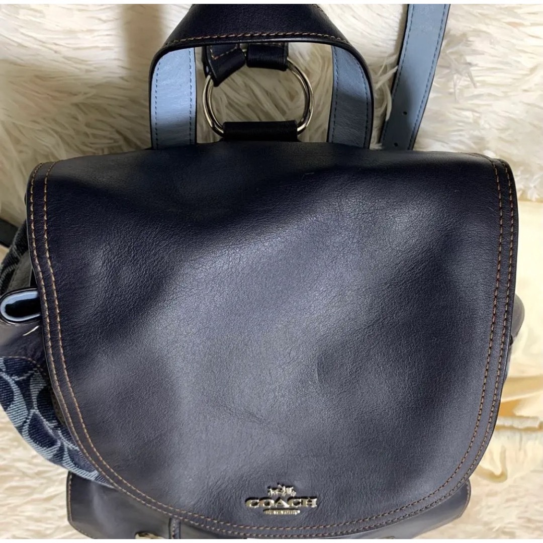 【美品】COACH リュック シグネチャー デニムカラー ターンロック 巾着