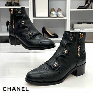 シャネル(CHANEL)の6391 シャネル レザー ココマーク ダブルジップ ショートブーツ ブラック(ブーツ)