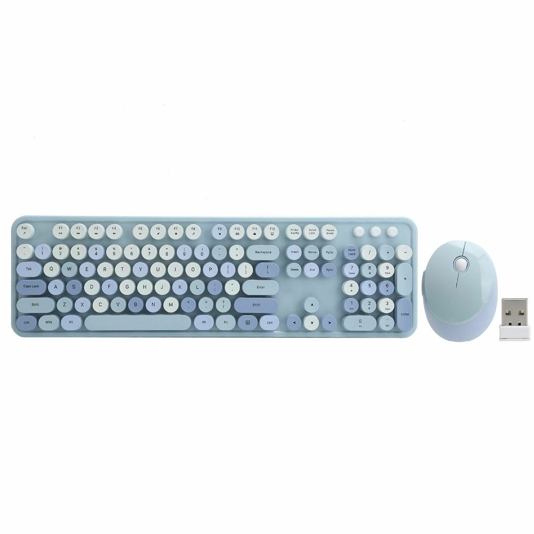 【色:青い】ワイヤレスキーボードとマウスのコンボ、かわいい丸いレトロなキーキャッ