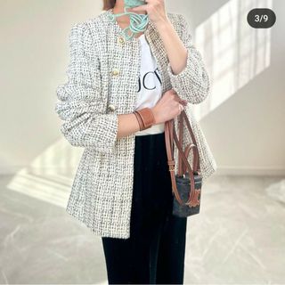 ザラ(ZARA)のZARA　ラウンドネック テクスチャーブレザー　XSサイズ　エクリュ/ブラック(ノーカラージャケット)