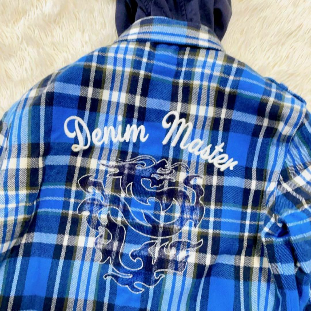 希少】EVISU パーカー風 チェックシャツ 龍 カモメ 刺繍 ブルー