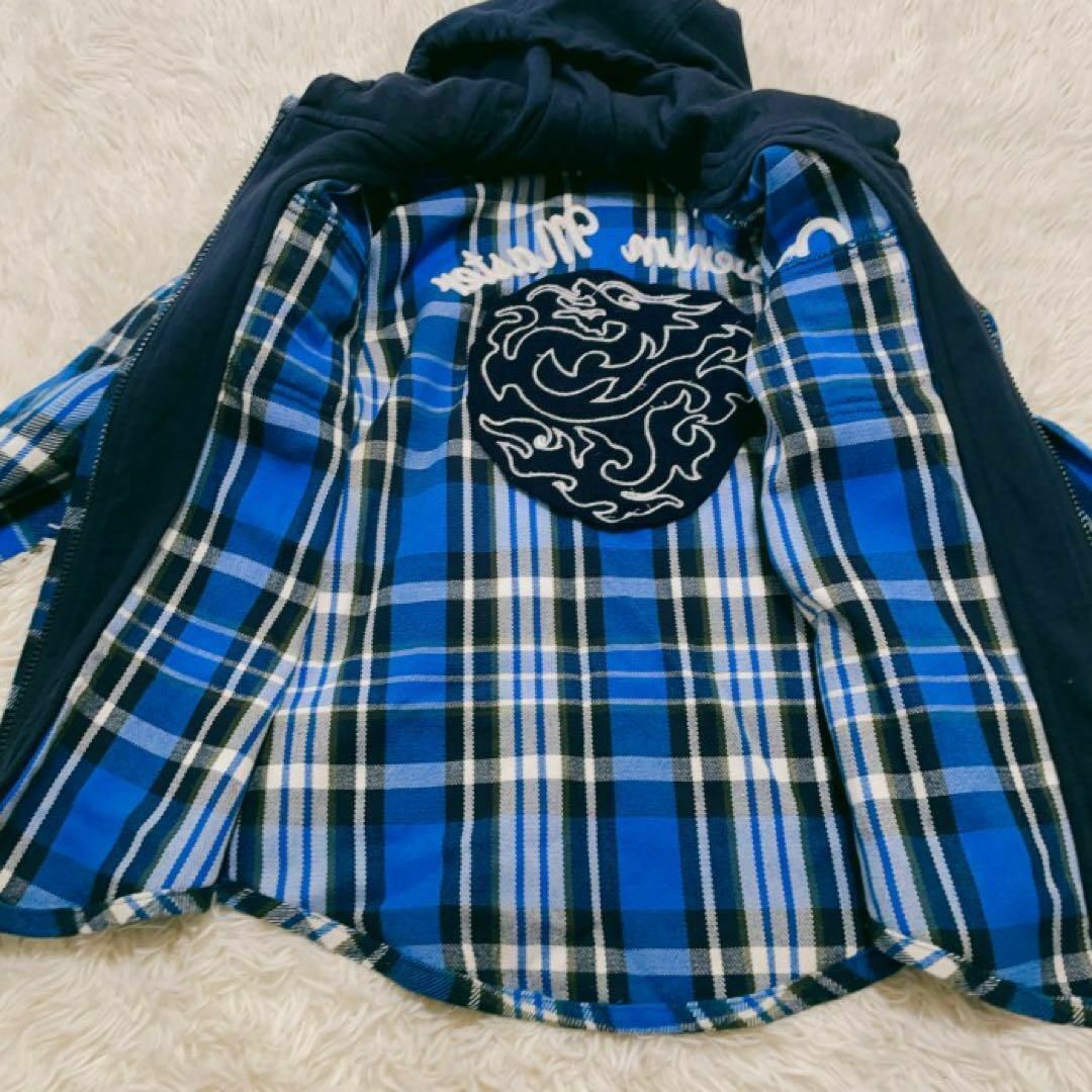 希少】EVISU パーカー風 チェックシャツ 龍 カモメ 刺繍 ブルー