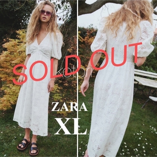 ザラ(ZARA)の新品　2022ss ZARA カットワーク　刺繍　ロングワンピース　XL 白(ロングワンピース/マキシワンピース)