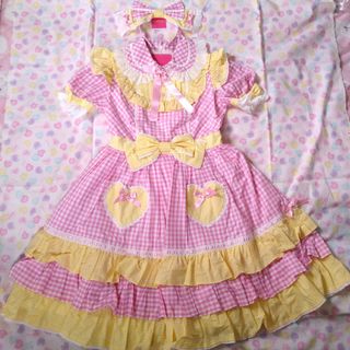 アンジェリックプリティー(Angelic Pretty)のAngelic Pretty☆ギンガムシャーベットOP＋カチューシャ☆新品タグ付(ひざ丈ワンピース)