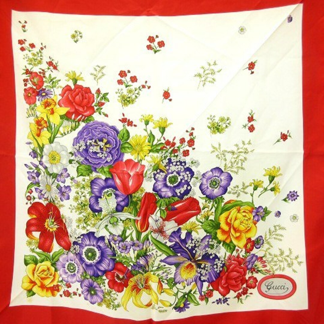 グッチ GUCCI フローラ 花柄 シルク スカーフ 赤 レッド 67×67cm-