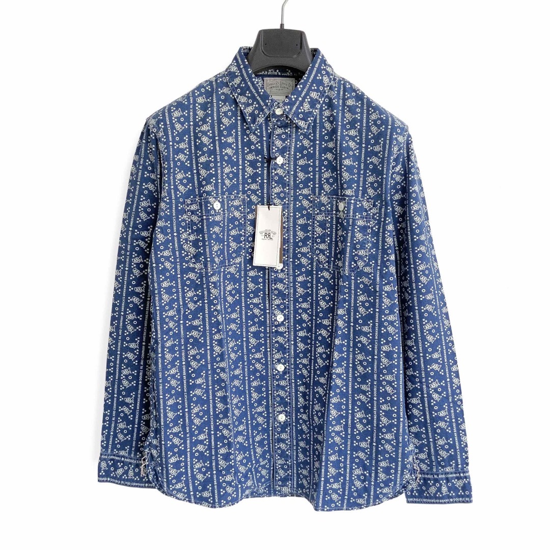 新品 23 ss RRL ロゴプリント インディゴ ウーブン ワークシャツ M www