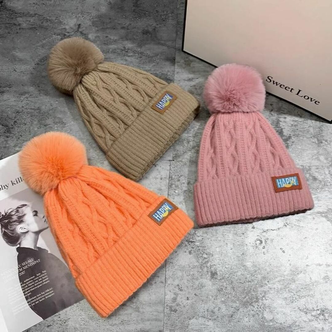ニット帽子 ビーニー帽子 ニットキャップ ポンポン付き ソフトニット 防寒 レディースの帽子(ニット帽/ビーニー)の商品写真