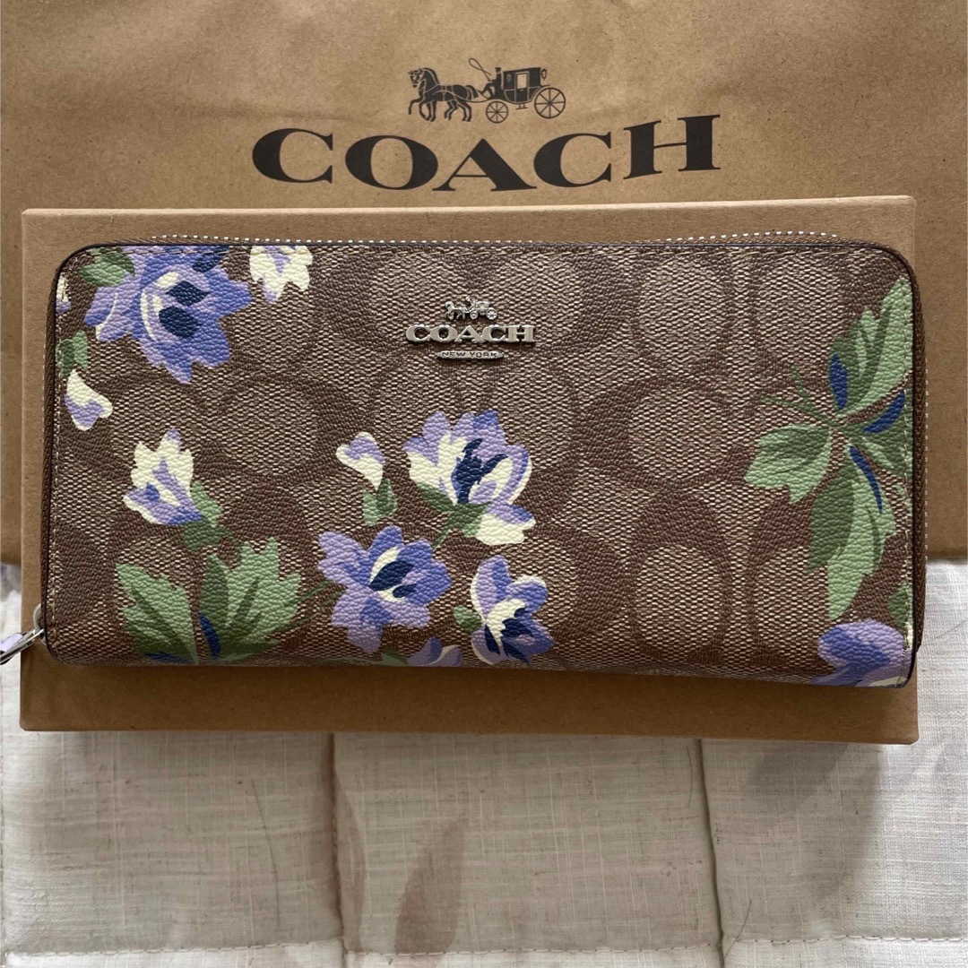 COACH コーチ 長財布 シグネチャー ブラウン 花柄 パープル-