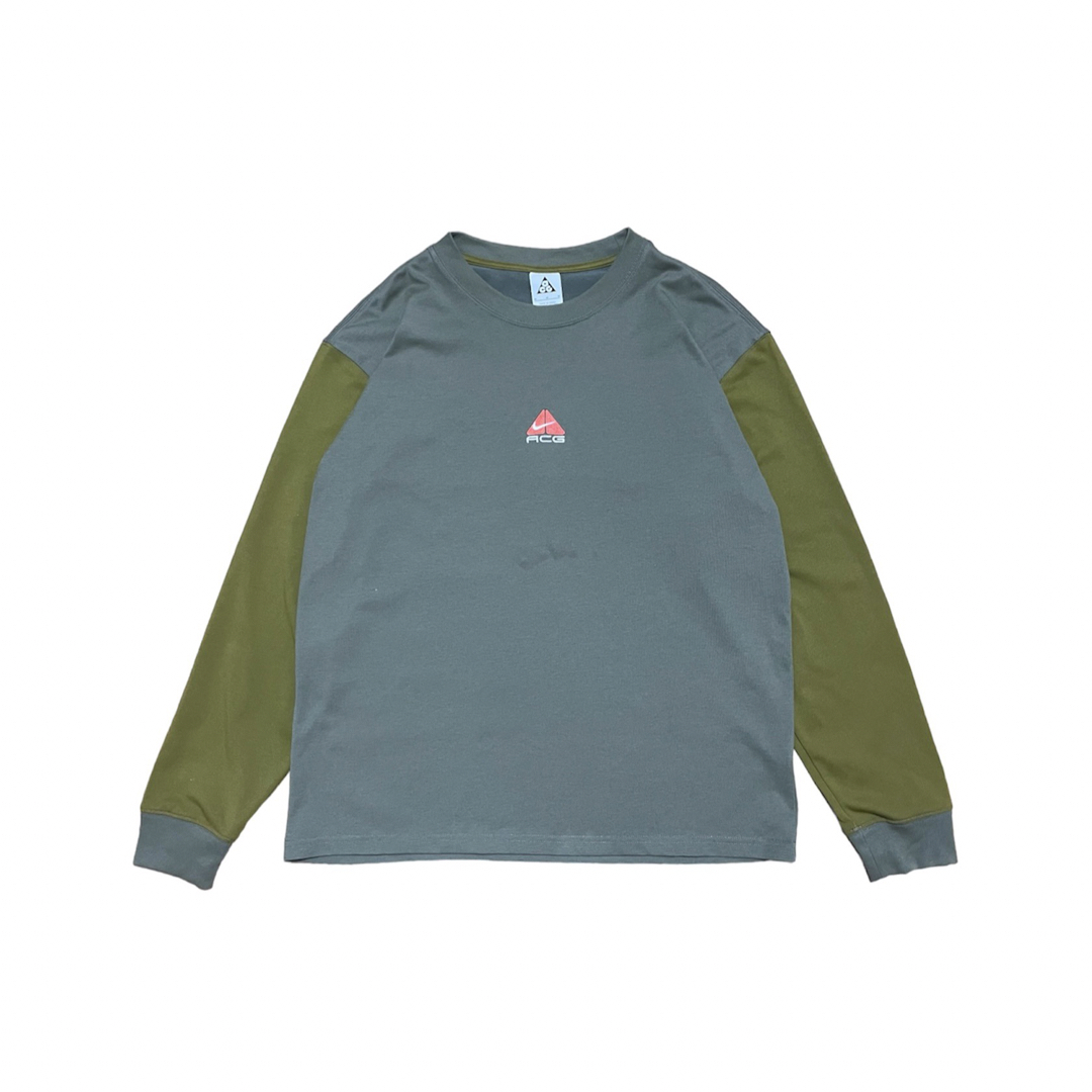 【ナイキ】XL レアデザイン ラグラン 刺繍ロゴ Tシャツ 緑グレー nike