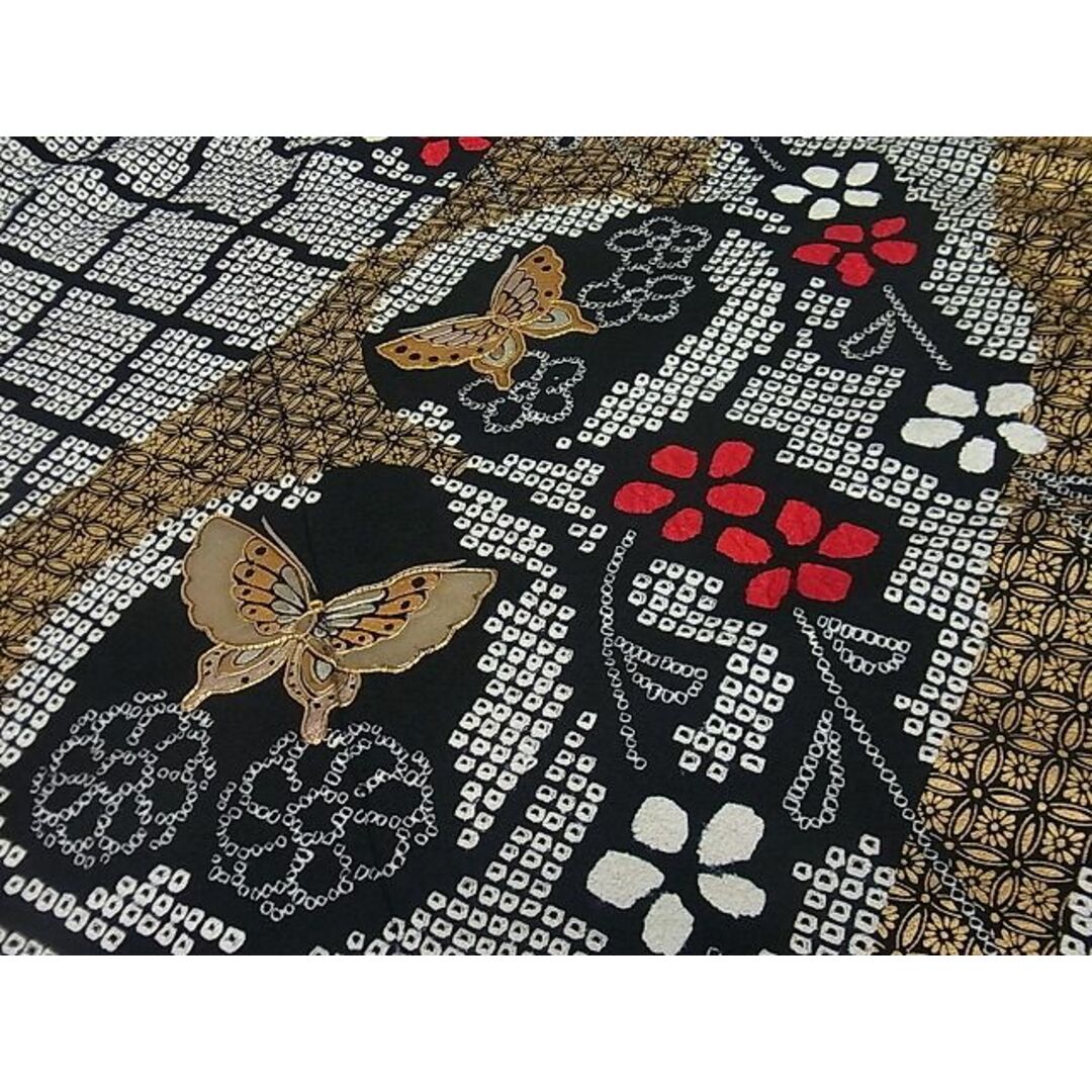 平和屋1□極上 振袖 総絞り 駒刺繍 吉祥花蝶文 黒地 金彩 逸品3s20555