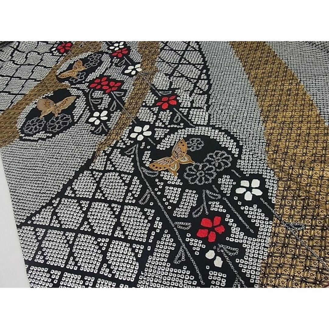 平和屋1□極上 振袖 総絞り 駒刺繍 吉祥花蝶文 黒地 金彩 逸品3s20555