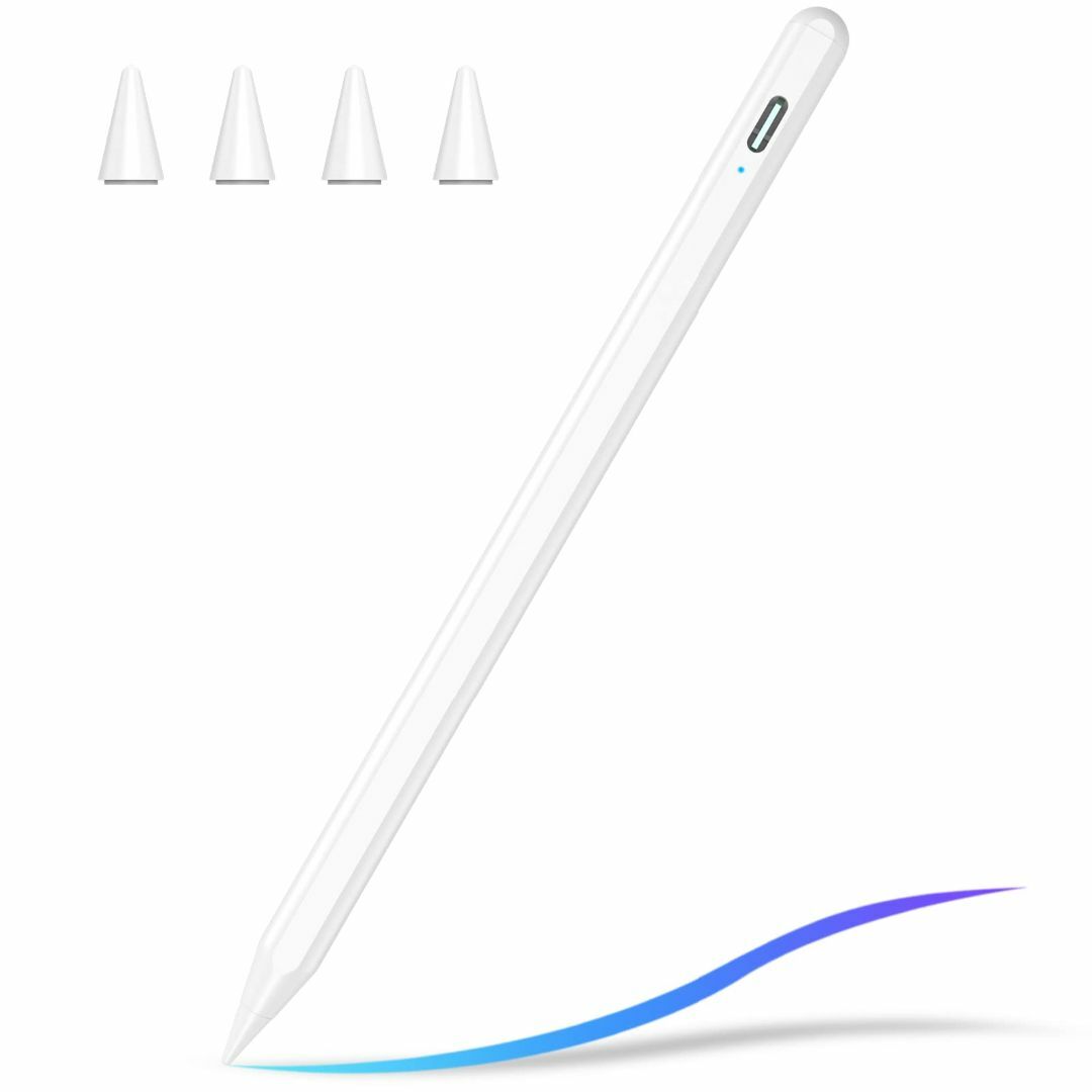 【色:ホワイト】タッチペン iPad 専用 軽量 極細 傾斜誘導/誤操作防止/磁