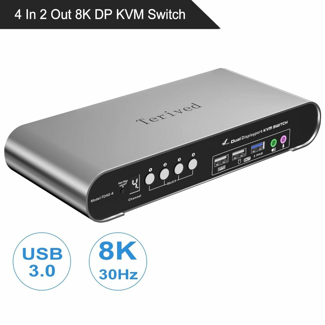 Terived DP 1.4 USB 3.0 KVMスイッチ、デュアルディスプレ-