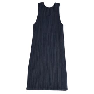 プリーツプリーズイッセイミヤケ(PLEATS PLEASE ISSEY MIYAKE)の美品 プリーツプリーズ イッセイミヤケ PLEATS PLEASE シャツ ブラウス チュニック ノースリーブ プリーツ 無地 トップス レディース 3(L相当) ネイビー(カットソー(半袖/袖なし))