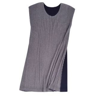 プリーツプリーズイッセイミヤケ(PLEATS PLEASE ISSEY MIYAKE)の美品 プリーツプリーズ イッセイミヤケ PLEATS PLEASE シャツ ブラウス プリーツ バイカラー ノースリーブ トップス レディース 3(L相当) グレー/ネイビー(カットソー(半袖/袖なし))