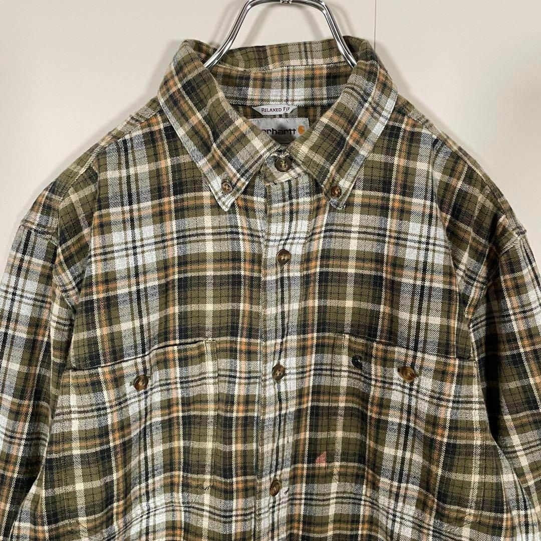 【人気カラー】carhartt 長袖ネルシャツ古着 ロゴ刺繍 チェック柄サイズM