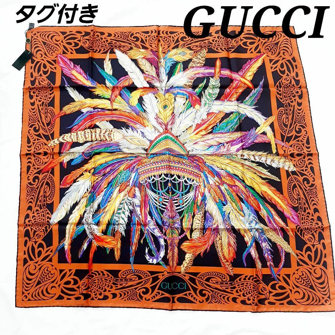 希少 タグ付き グッチ 羽根 帽子 シルク カラフル スカーフ ロゴ バード | フリマアプリ ラクマ