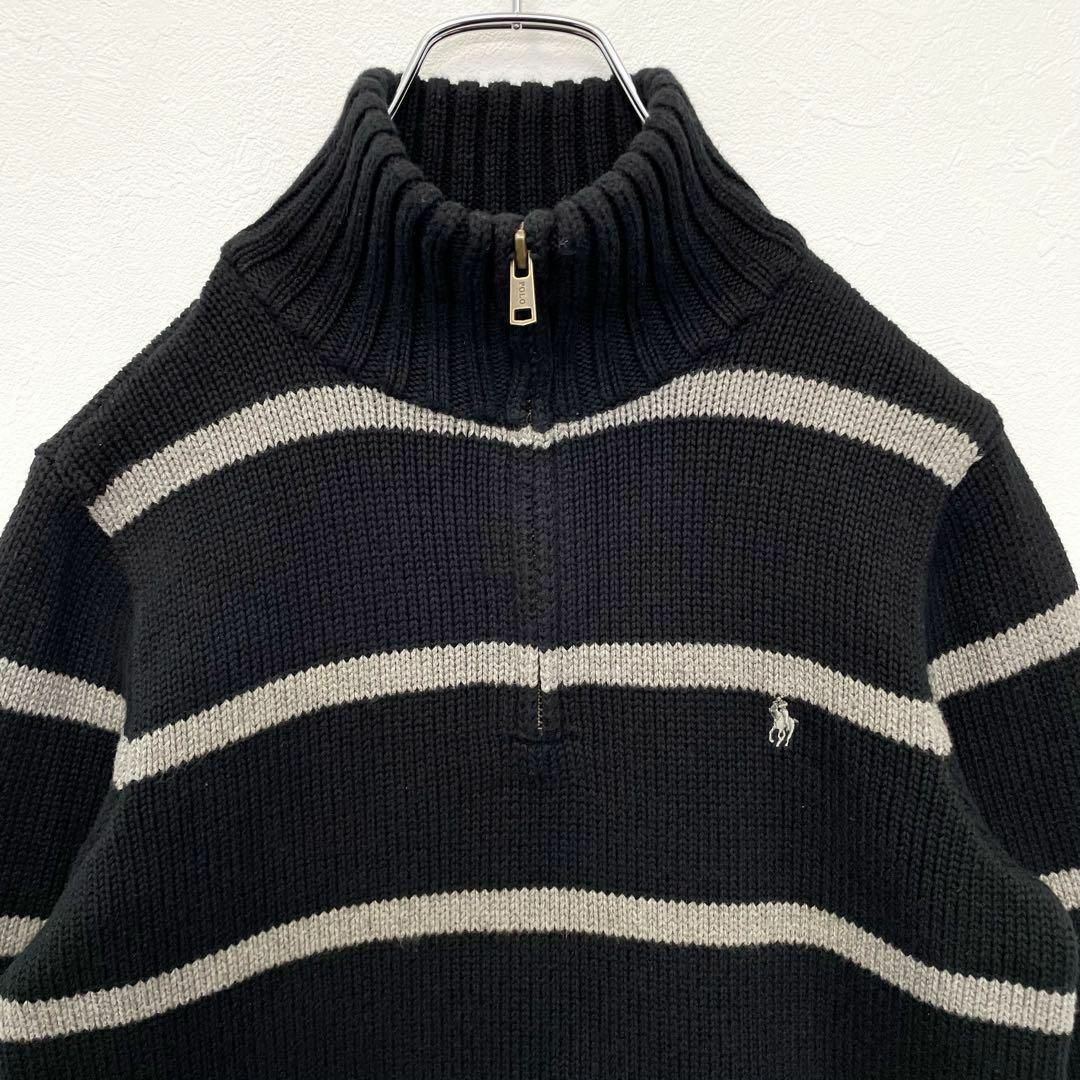 ひなの古着屋人気のハーフジップ　ポロラルフローレン　ボーダー　コットンニットセーター　刺繍
