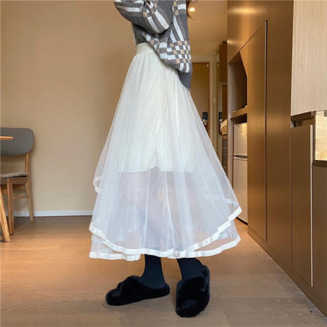 個性派 シアー ラップスカート フレア アシメ 白 Aライン レディースのスカート(ロングスカート)の商品写真