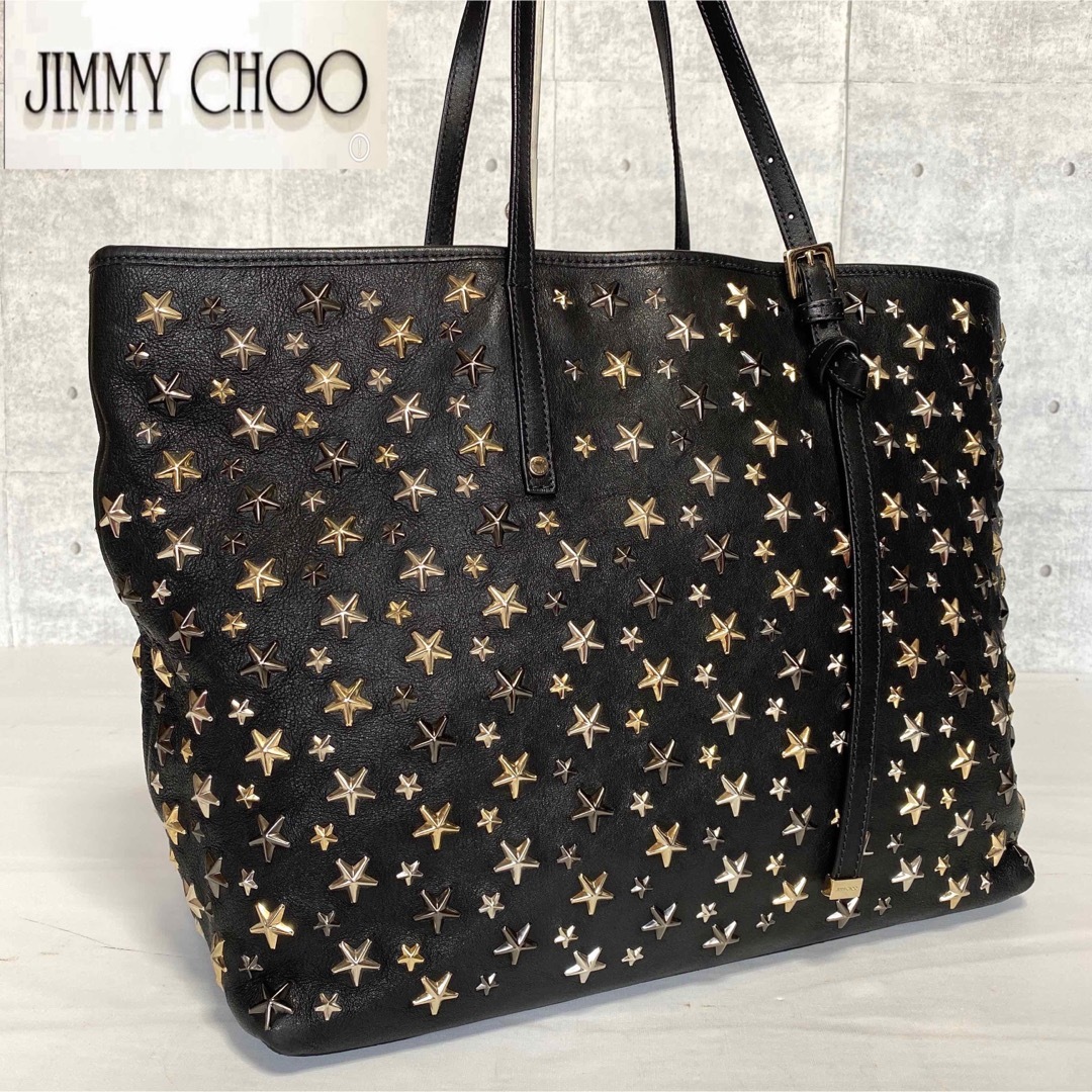 専用品JIMMY CHOO SASHA/M 3色スタッズ 黒 トートバッグ-