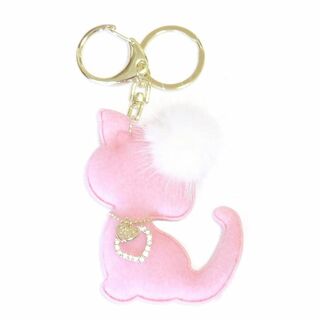 【色: ピンク】[byDream] 可愛いミンクファーチャーム 猫 ねこキーホル(その他)