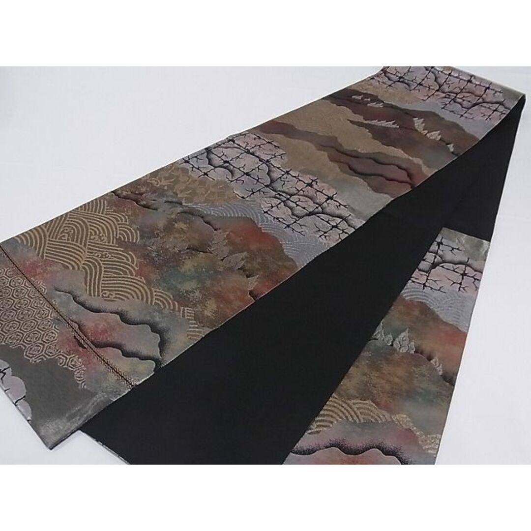 平和屋-こころ店■六通柄袋帯 重山風景文 黒地 金銀糸 引箔 正絹 逸品 A-sx6477
