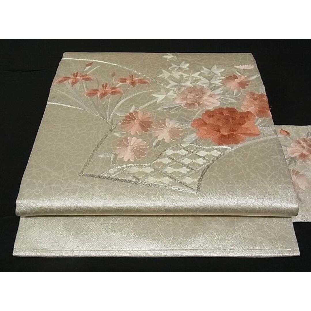 平和屋-こころ店□九寸名古屋帯 総刺繍 地紙草花文 銀糸 正絹 逸品 A ...