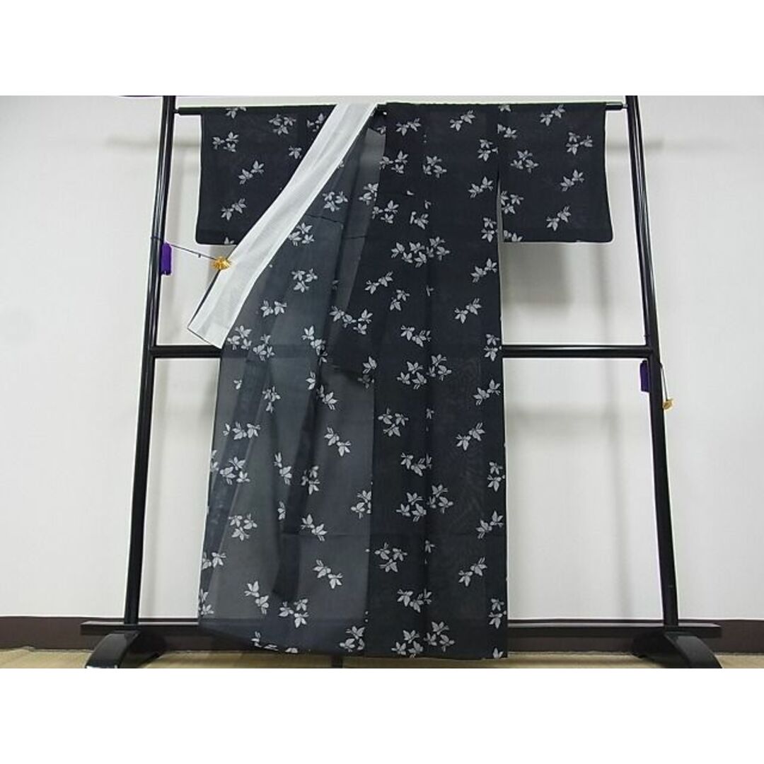 平和屋-こころ店■夏物 小紋 紗 舞蝶文 黒地 着丈158.5cm 裄丈62cm 洗える着物 B-wt8232