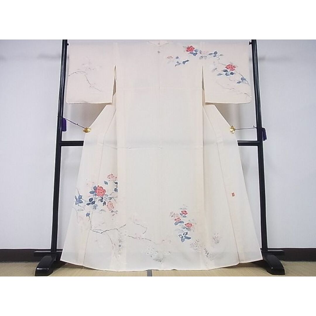 平和屋-こころ店■訪問着　単衣　友禅　作家物　枝花文　着丈165cm　裄丈66.5cm　正絹　逸品　B-zg5459