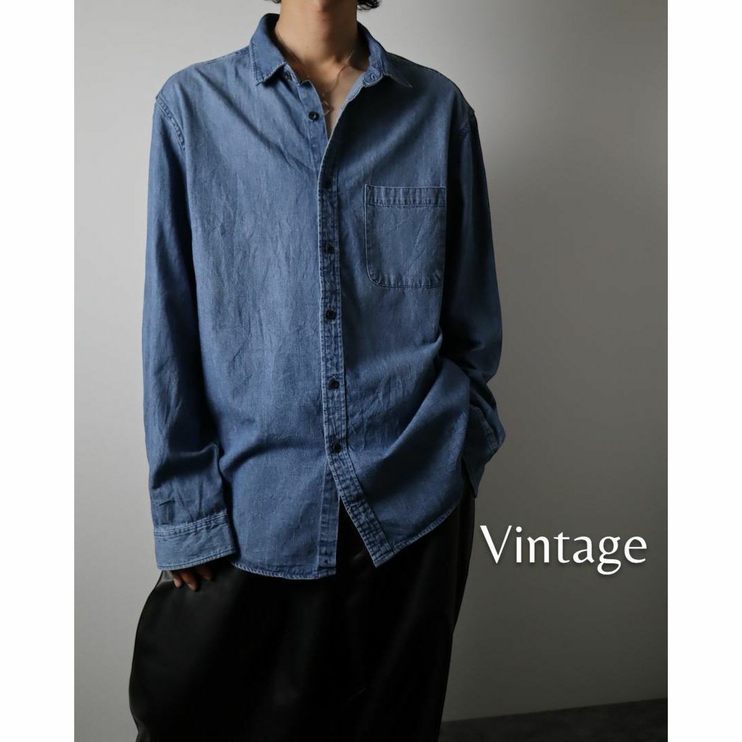 ART VINTAGE(アートヴィンテージ)の【vintage】ショートカラー ルーズ レトロ デニム 長袖シャツ 青 XL メンズのトップス(シャツ)の商品写真