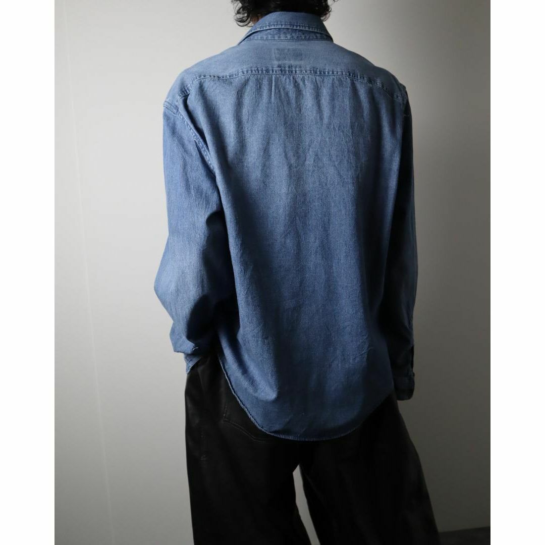 ART VINTAGE(アートヴィンテージ)の【vintage】ショートカラー ルーズ レトロ デニム 長袖シャツ 青 XL メンズのトップス(シャツ)の商品写真