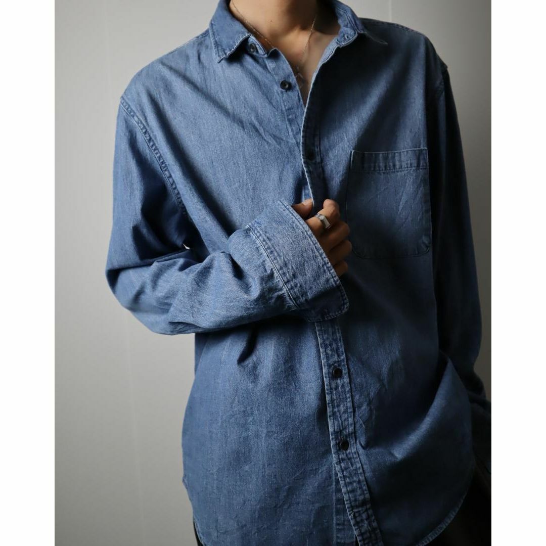 ART VINTAGE(アートヴィンテージ)の【vintage】ショートカラー ルーズ レトロ デニム 長袖シャツ 青 XL メンズのトップス(シャツ)の商品写真