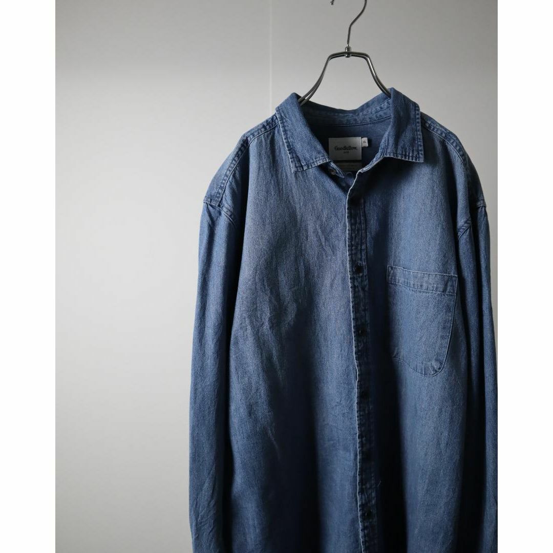 ART VINTAGE(アートヴィンテージ)の【vintage】ショートカラー ルーズ レトロ デニム 長袖シャツ 青 XL メンズのトップス(シャツ)の商品写真