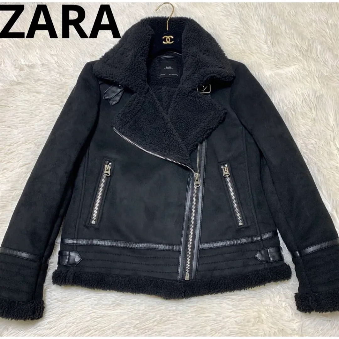 美品 ZARA ジャケット フェイクムートン ライダース ボアジャケット 黒