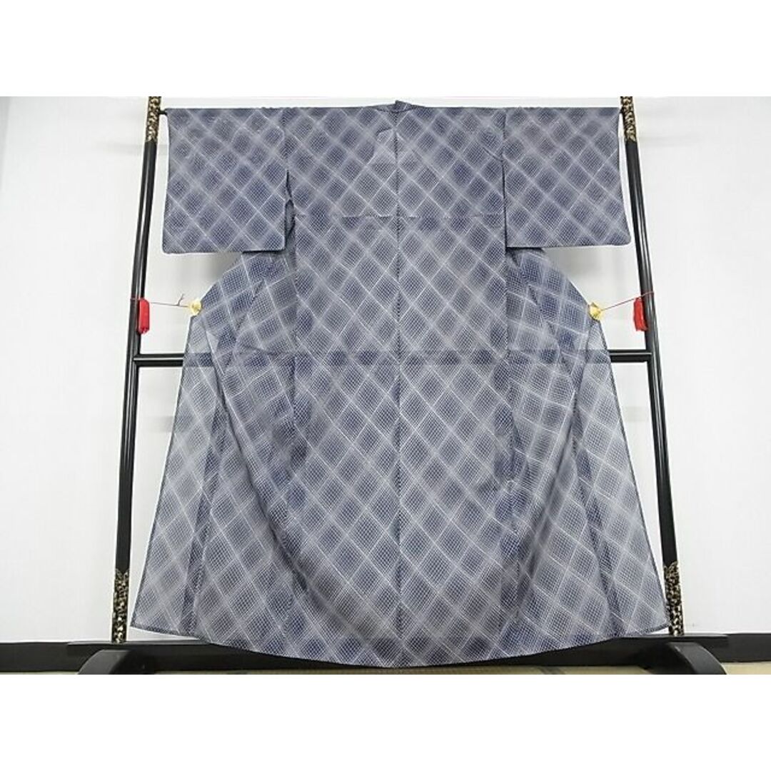 平和屋-こころ店■夏物 小紋 絽 花格子 着丈155cm 裄丈62.5cm 洗える着物 A-ma6879