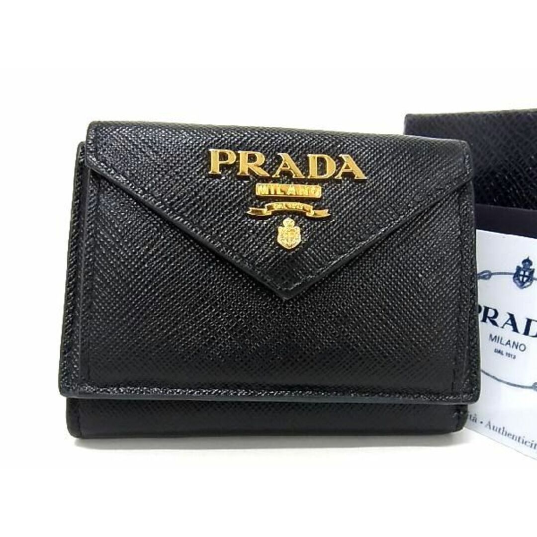 ■極美品■ PRADA プラダ 1MH021 サフィアーノレザー 三つ折り ウォレット 財布 レディース ブラック系 AQ4401