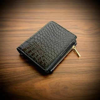 クロコダイル 折財布 二つ折り ワニ革 ハンドメイド 証明書付 ブラック