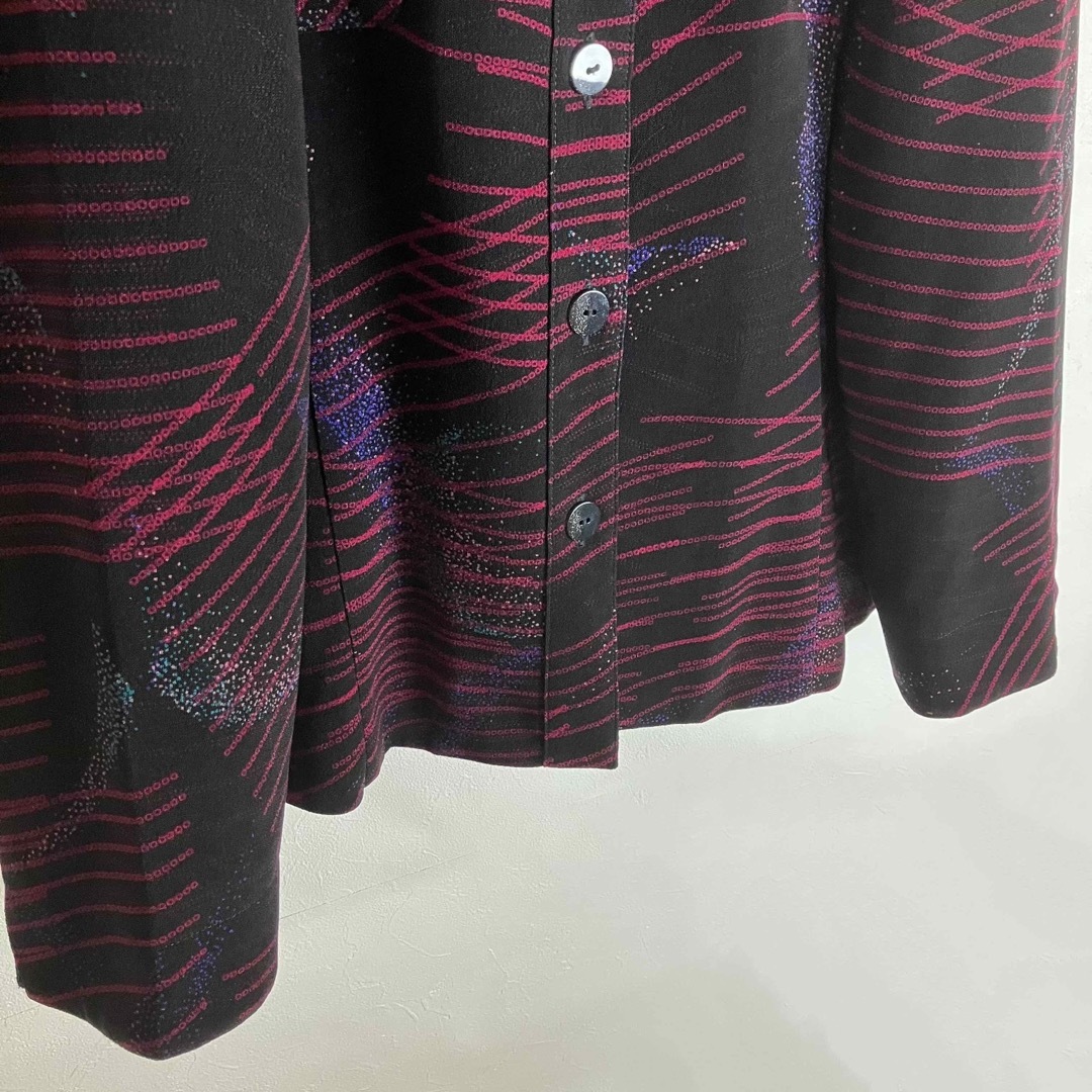 総柄ジャケット　レトロボタン　ダブルポケ　黒×紫　スーツ地　裏地付　日本製　古着