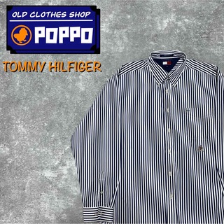 トミーヒルフィガー(TOMMY HILFIGER)のトミーヒルフィガー☆オールド刺繍ロゴロンドンストライプシャツ 90s 紺白(シャツ)