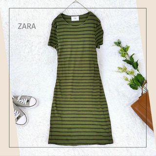 ザラ(ZARA)のザラ／ZARA／L　モスグリーンストライプ　リブチュニック　ミニ丈ワンピース(チュニック)