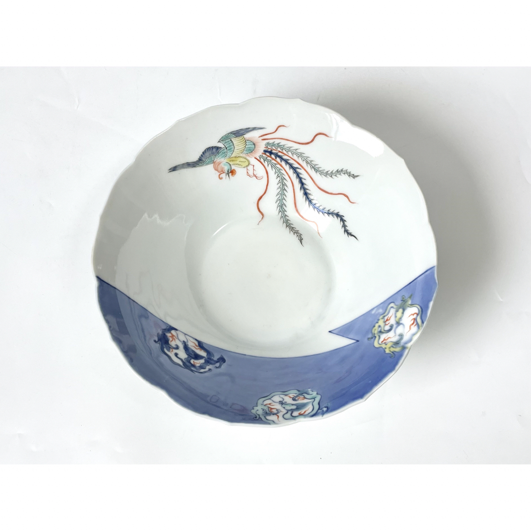 骨董 アンティーク 深川製 青磁色絵 片身替 鳳凰団龍 深鉢 輪花鉢-