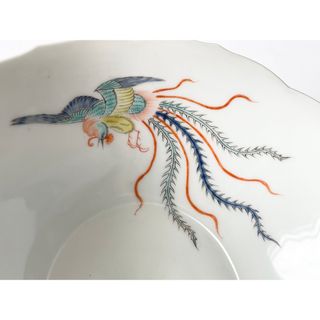 骨董 アンティーク 深川製 青磁色絵 片身替 鳳凰団龍 深鉢 輪花鉢