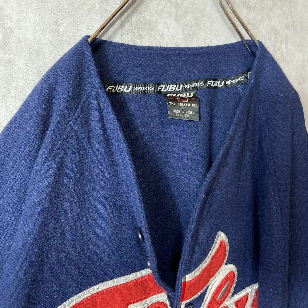 【ベースボールシャツ、ビッグ刺繍ロゴ◎】FUBUウールヒップホップ紺90s